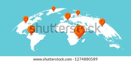 World travel map. Pins on global earth maps, worldwide business communication. Earth map or globe location world travel mapping isolated concept illustration