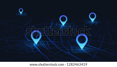 Gps tracking map. Track navigation pins on street maps, navigate mapping technology and locate position pin. Futuristic travel gps map or location navigator vector illustration