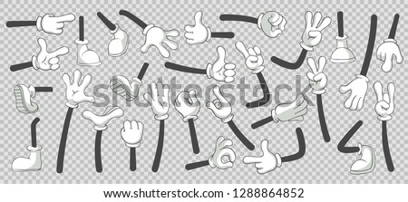 Cartoon legs and hands. Legs in boots and gloved hands. Feet and glove hand character or foot in sneakers kicking, walking and running. Vector isolated illustration symbols set Imagine de stoc © 