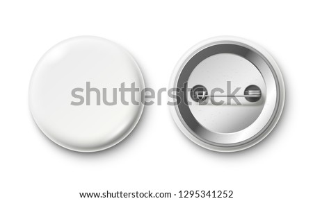 Blank button badge. White pinback badges, pin button and pinned back. Round metal buttons or glossy circle plastic 3D pin. Realistic isolated vector mockup