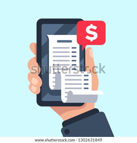 Smartphone receipt bill. Billing check online, bills checking and paycheck receipts mobile notification. Shopping cash bill slip, buying tax transaction service flat vector illustration