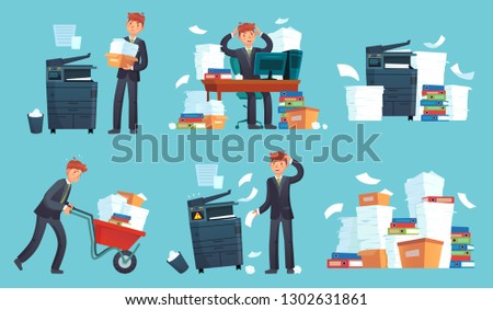 Office documents copier. Printed business papers, businessman broke printer and documents copy machine. Messy paper, paperwork document stack. Cartoon vector isolated icons illustration set