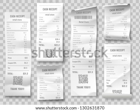 Retail purchase bill. Supermarket shopping receipt, sum invoice check and total cost store sale paper. Payment invoice bills receipts, retail purchase blank. Isolated vector icons set