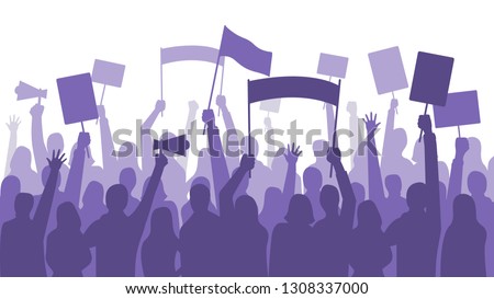 Activists protest. Political riot sign banners, people holding protests placards and manifestation banner. Jobs activist strike, vegetarians meeting or feminist demonstration vector illustration