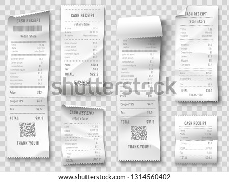 Shopping receipt. Retail store purchase receipts, supermarket invoice printing and purchasing bill. Shopping price ticket, cash check or financial tax blank. Isolated vector icons collection