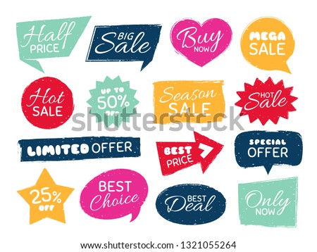 Grunge sale badge. Retro pricing sticker, grungy textured price tag and vintage best offer label badges. Advertise quality labels, sale shop stamp isolated vector symbols set