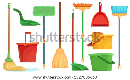 Housework broom and mop. Sweeper brooms, home cleaning mops and cleanup broom with dustpan. Broom, kitchen and bathroom hygiene or housework equipment. Isolated cartoon vector illustration symbols set