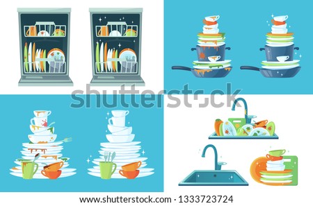 Dirty kitchen dish. Clean empty dishes, plates in dishwasher and dinnerware in sink. Washing up dish, dirty and clean restaurant plate or household kitchenware cartoon vector illustration set Stock foto © 