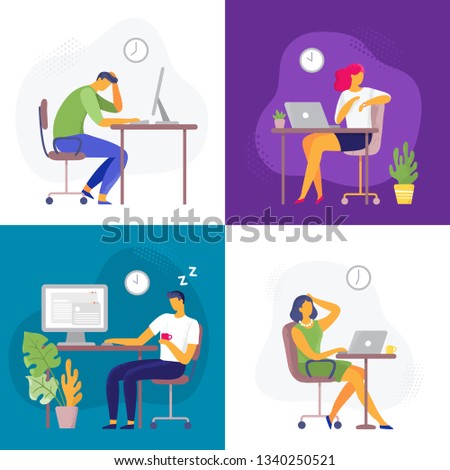 Working late. Overtime work, busy workaholic worker and employees with office laptops. Deadline, graphic designer professionals lifestyle or stressed employee flat vector illustration set