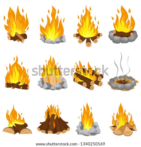 Wood campfire. Outdoor bonfire, fire burning wooden logs and camping stone fireplace. Firewood flames, burn campfire or bonfire flame fireplace. Cartoon vector illustration isolated symbols set