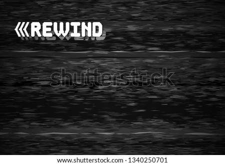 Rewind glitch screen. Retro television glitched vhs defect, glitches rewinds noise. White noise video error, vhs rewind pixel distortion graphic vector background illustration