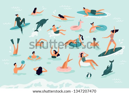 Sea swimming. Active people diving, swim with dolphins and surfing. Summer ocean swimming, enjoy tropical surfers or surf wave catch vacation vector illustration