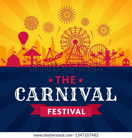 Amusement park poster. Roller coaster, ferris wheel and carnival carousel festive parks attractions. Circus carnival or funfair entertainment invitation banner. Vector silhouette background