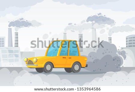 Car air pollution. City road smog, factories smoke and industrial carbon dioxide clouds. Vehicle toxic pollution, polluted air or environment car waste hazard cartoon vector illustration