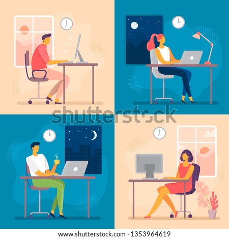 Day or night work. Working late, overtime office works and computer worker nights. Lark and owl workflow, professional businesswoman daily routine or businessman deadline flat vector illustration