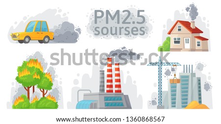 Air pollution source. PM 2.5 dust, dirty environment and polluted air sources infographic. Industrial outdoor fog, town pollution or city dust danger. Cartoon vector isolated symbols illustration set