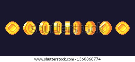 Pixel game coins animation. Golden pixelated coin animated frames, retro 16 bit pixels gold and video games money. Pixelated videogamer currency or videogame arcade gold vector illustration