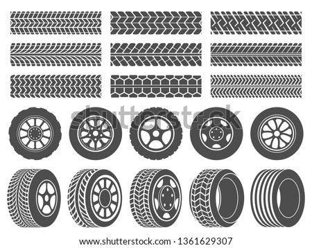 Wheel tires. Car tire tread tracks, motorcycle racing wheels icons and dirty tires track. Motocross bike trail, vehicle track or auto race tires. Vector isolated symbols illustration set