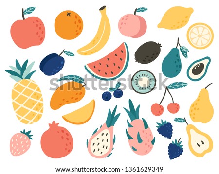 Doodle fruits. Natural tropical fruit, doodles citrus orange and vitamin lemon. Vegan kitchen apple hand drawn, organic fruits or vegetarian food. Vector isolated icons illustration set 商業照片 © 