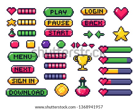 Pixel game buttons. Games UI, gaming controller arrows and 8 bit pixels button. Game pixel art magic items, digital pixelated lives bar and menu button. Vector isolated symbols set