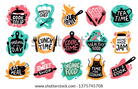 Cooking food lettering. Kitchen badge logos, baking foods typography and cook labels vector set