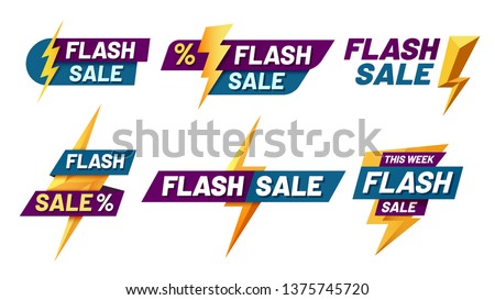 Flash sale badges. Lightning bolt offer, flashes sales badge and trendy shopping offers vector illustration set