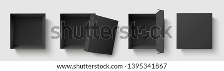 Black top view box. Dark package square boxes with open cap, empty cube packages mockup 3d isolated template vector illustration set