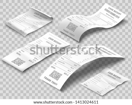 Isometric receipts bill. Printed billing receipt, payment bills and financial bank check print isolated realistic 3d vector set