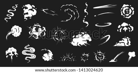 Comic smoke. Smoke puffs vfx, energy explosion effect and cartoon blast vector illustration set