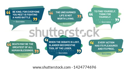 Quote in quotes frames. Socrates quotes, speech stickers and comment box badge. Info text, memo words tag or citation notes pages. Isolated vector symbols set