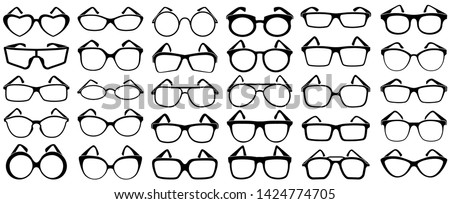 Glasses silhouette. Rim sunglasses, spectacle frame and eyewear silhouettes. Woman and man glasses, hipster or geek spectacles optical fashion. Vector isolated icons set