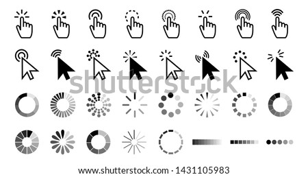 Pointer click icon. Clicking cursor, pointing hand clicks and waiting loading icons. Website arrows or hands cursors tools, computer interface button. Vector isolated symbols collection Foto d'archivio © 