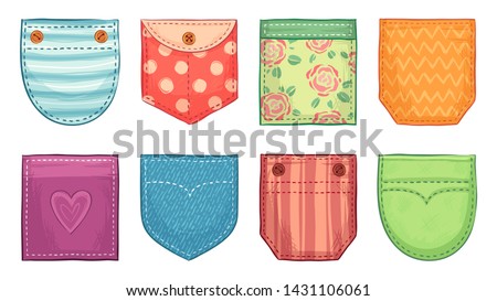 Color patch pockets. Comfort pocket patches with seam, denim patched pockets buttons and comfortable clothes accessories. Casual style woman shirt clothes pocket. Isolated icons vector set