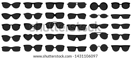 Sunglasses icons. Black sunglass, mens glasses silhouette and retro eyewear icon. Polarized geek glasses, hipster sun lens ocular. Isolated symbols vector set Stok fotoğraf © 