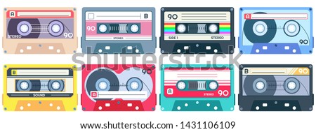 Vintage tape cassette. Retro mixtape, 1980s pop songs tapes and stereo music cassettes. 90s hifi disco dance audiocassette, analogue player record cassette. Isolated symbols vector set