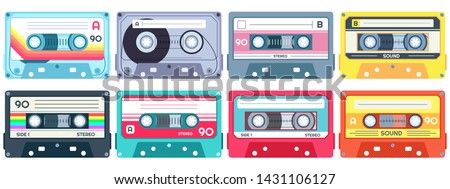 Retro music cassette. Stereo DJ tape, vintage 90s cassettes tapes and audio tape. antique radio play cassette, 1970s or 1980s rock music mix audiocassette. Isolated vector icons set