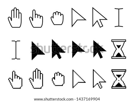 Pointer cursor icons. Web arrows cursors, mouse clicking and grab hand pixel icon. Computer pointers, internet cursor click. Vector isolated symbols collection