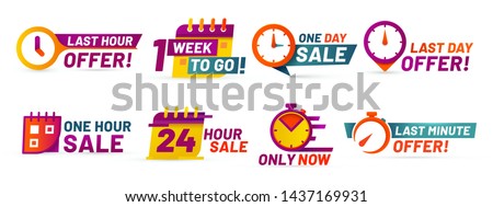Sale countdown badges. Last minute offer banner, one day sales and 24 hour sale promo stickers. business limited special promotions, best deal badge. Isolated vector icons set