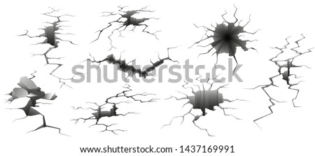 Earthquake crack. Ruined wall, hole in ground and destruction cracks. Ground or walls crack effect, earth cracking or destruction holes. Isolated vector illustration signs set