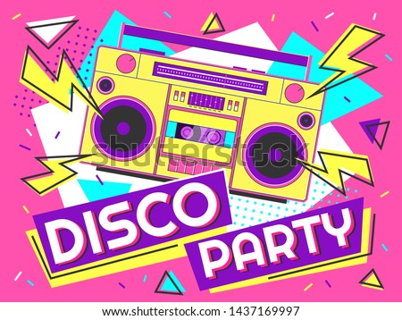 Disco party banner. Retro music poster, 90s radio and tape cassette player funky colorful design. Memphis music parties, 80s advertising audio poster vector background illustration