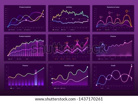 Line graph charts. Business financial graphs, marketing chart graphics and histogram infographic. Economy data graph, crypto currency prices bar or analytics analysis diagram vector set