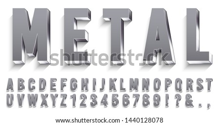 Realistic metal font. Shiny metallic letters with shadows, chrome text and metals alphabet. Credit cards steel abc and numbers, futuristic iron font. 3D vector isolated symbols set