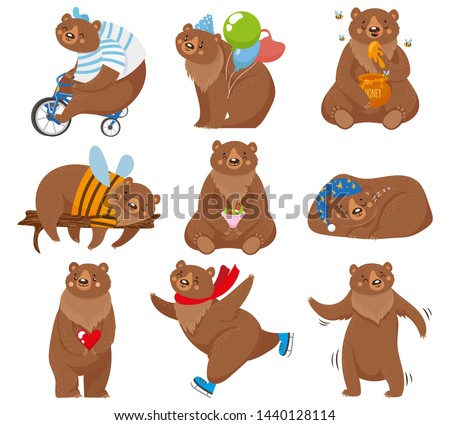 Cartoon bears. Happy bear, grizzly eats honey and brown bear character in funny poses. Wildlife or circus skating mascot, zoo grizzly bears animal. Isolated vector illustration icons set