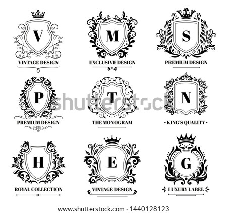 Royal shields badges. Vintage ornament luxury logo frame, retro ornamental shield sign and decorative ornaments badge. Arms crest coat emblem, antique knights heraldry. Isolated symbols vector set