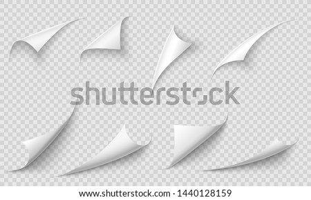 Curled page corner. Paper edges, curve pages corners and papers curls with realistic shadow. Flipping book page, blank curling papers corner. Isolated 3d vector illustration signs set Сток-фото © 