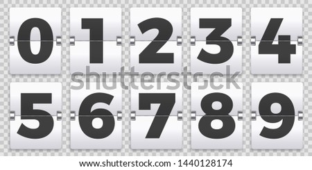 Flip numbers counter. Old mechanical countdown flips, retro scoreboard number sign and numeric counters. Score board indicator, old clock timer numbers isolated vector symbols set