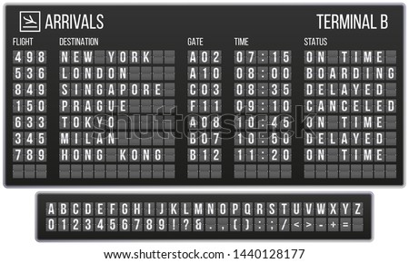 Scoreboard flip font. Arrival airport signs board, railroad arrivals and departures scoreboards letters. Flipping departure countdown, arrivals counter realistic vector symbols set