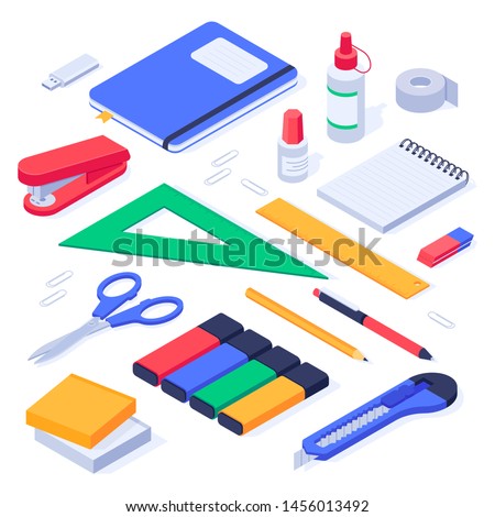 Isometric office supplies. School stationery tools, pencil eraser and pens. Stationery stapler, notebook and ruler tool supplies or workspace equipment isolated 3d icons vector set