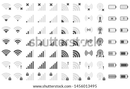 Mobile phone bar icons. Smartphone battery charge level, wifi signal strength icon and network connection levels pictogram. Device power indicating or batteries bar. Isolated symbols vector set