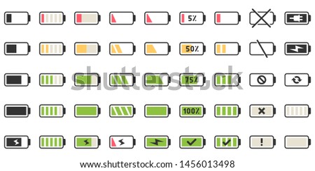 Battery charge icons. Powered indicator, charging empty batteries and low battery power icon. Smartphone charge level indicating or laptop battery status. Isolated vector signs illustration set